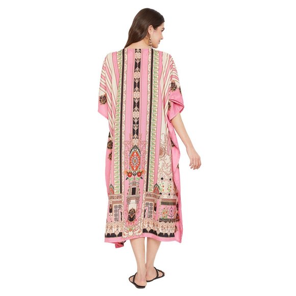 Floral Printed Pink Polyester Plus Size Kimono Kaftan Maxi Dress for Women - Picture 9 of 10